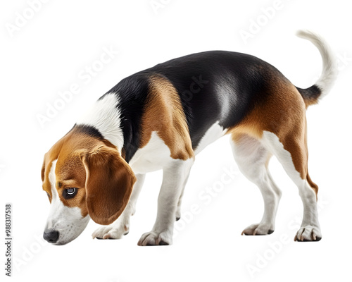 Beagle sniffing the ground during a tracking game on transparent background photo