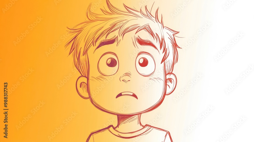 Line art illustration featuring a warm gradient of a nervous cartoon boy in a stylized drawing Line art illustration featuring a warm gradient of a nervous cartoon boy in a stylized drawing