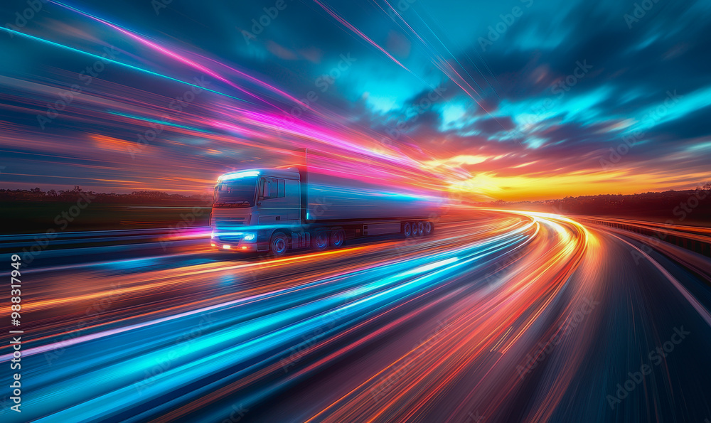 Fototapeta premium Truck on open highway at sunrise with dramatic clouds and vast green fields