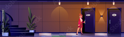 Woman secretly entering hotel room at night. Vector cartoon illustration of corridor with many doors and staircase, lights on wall and flower pots on floor, corporate employee in company hallway
