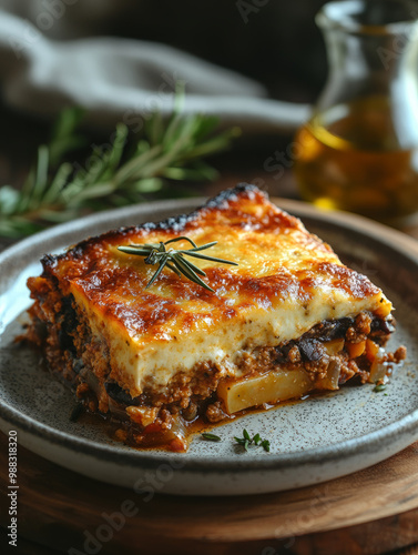 Delicious moussaka garnished with rosemary on a plate