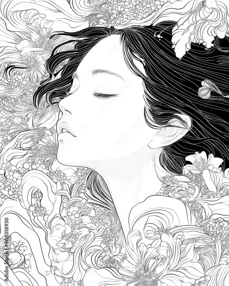 Line art illustration depicting the beauty of a woman in a full body representation Line art illustration depicting the beauty of a woman in a full body representation