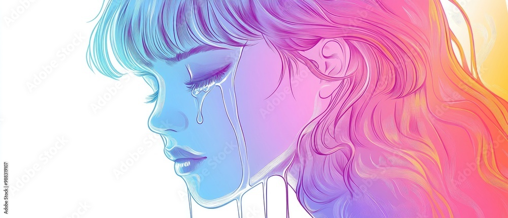 Line art illustration depicting a cartoon girl in tears created with a rainbow gradient Line art illustration depicting a cartoon girl in tears created with a rainbow gradient
