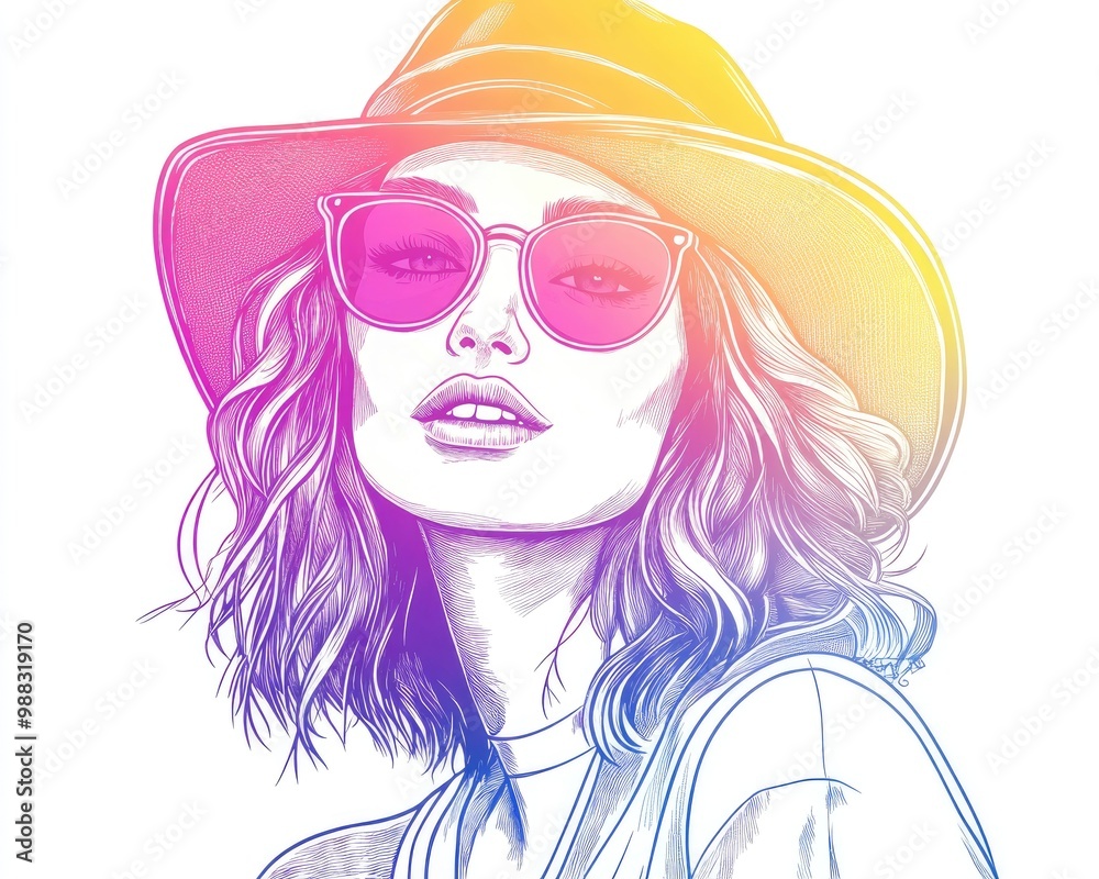 Line art illustration featuring a cool gradient drawing of a stylish hipster girl in a cartoon style Line art illustration featuring a cool gradient drawing of a stylish hipster girl in a cartoon style