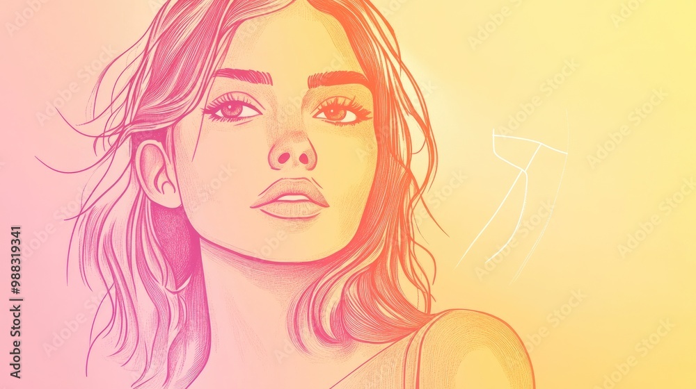 Line art illustration featuring a warm gradient drawing of a cartoon woman