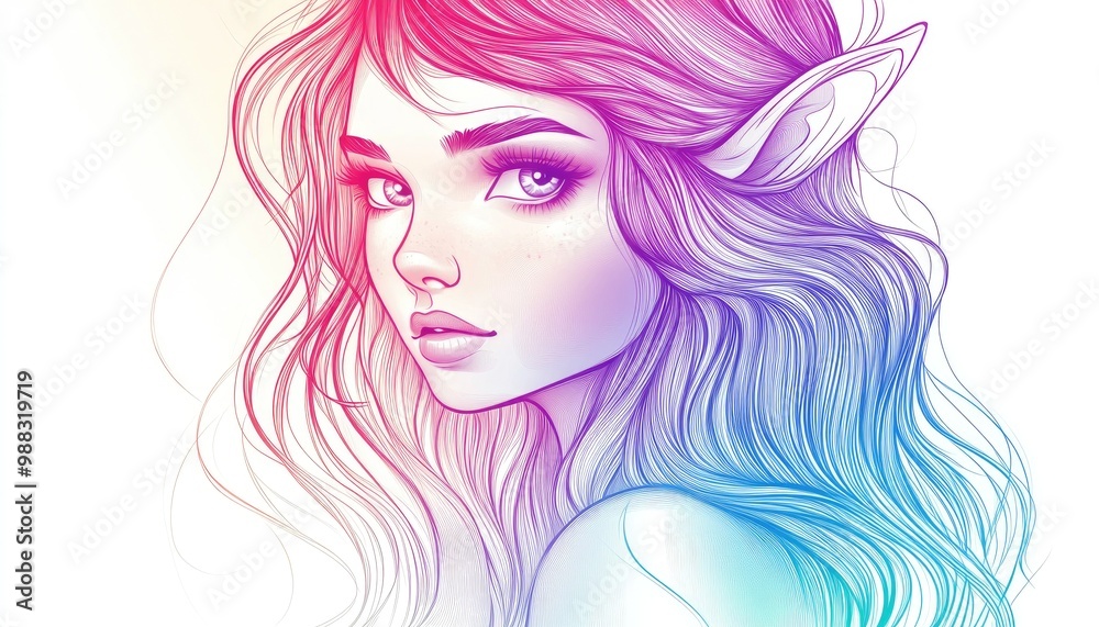 Line art illustration of a colorful gradient depicting a charming cartoon elf girl Line art illustration of a colorful gradient depicting a charming cartoon elf girl