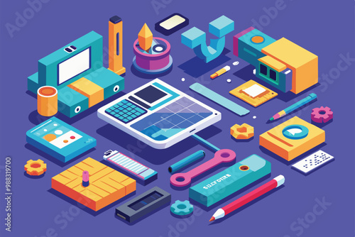 A collection of customizable digital tools, including devices and stationery, arranged creatively on a colorful background, perfect for technology enthusiasts.