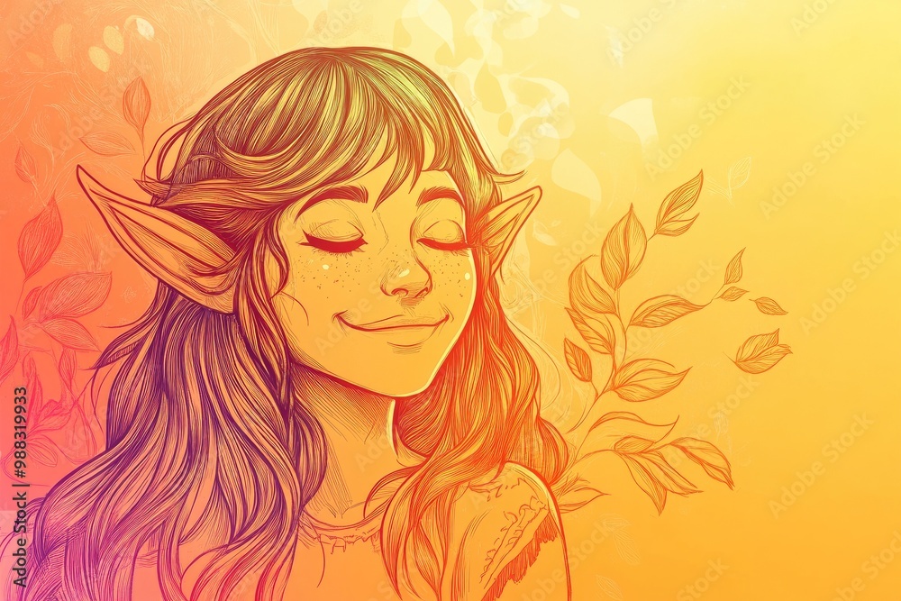 Line art illustration featuring a cheerful elf girl depicted with a warm gradient design Line art illustration featuring a cheerful elf girl depicted with a warm gradient design