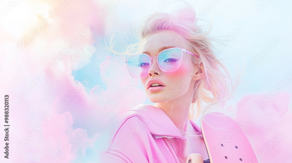 Stylish young woman holding a pink skateboard, wearing sunglasses in vibrant cloudy setting. Creative sport concept with copy space. Stylish young woman holding a pink skateboard, wearing sunglasses in vibrant cloudy setting. Creative sport concept with copy space.
