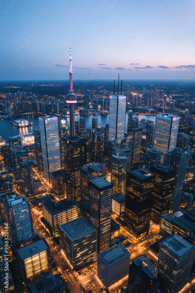 Obraz premium An aerial view of a vibrant urban skyline at dusk, showcasing illuminated skyscrapers against a twilight sky.