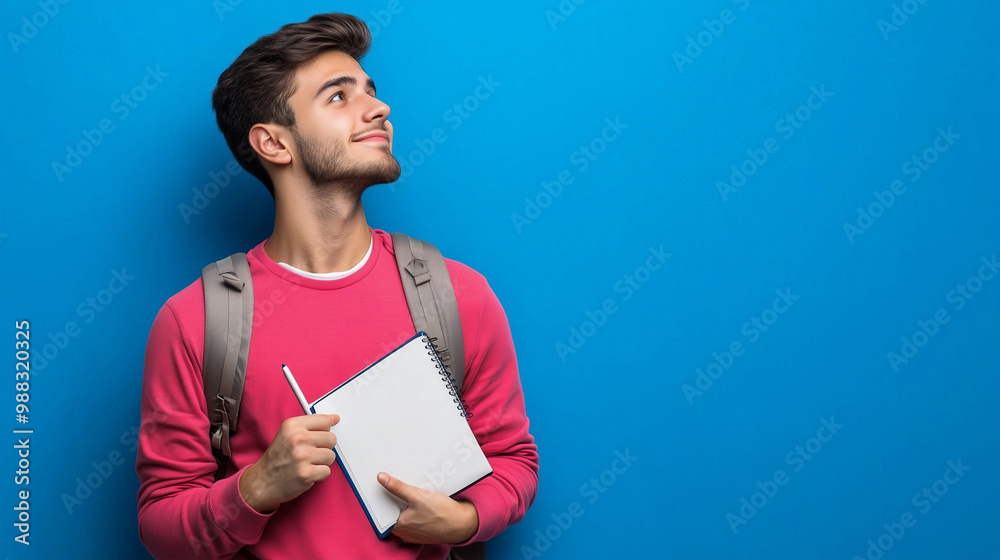 Front view of male student wearing backpack holding copybook and pen thinking on blue wall
Front view of male student wearing backpack holding copybook and pen thinking on blue wall