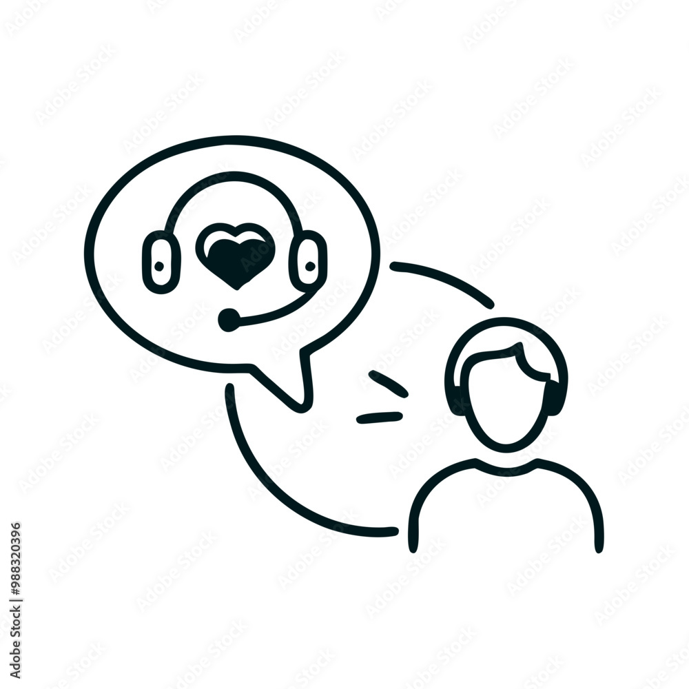Customer support icon featuring a headset and a speech bubble with a heart symbolizing that a customer is happy about customer services provided Customer support icon featuring a headset and a speech bubble with a heart symbolizing that a customer is happy about customer services provided