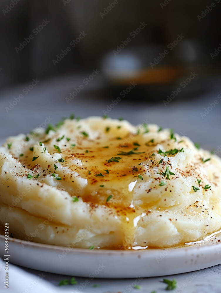 Plate of creamy mashed potatoes with garnish and sauce