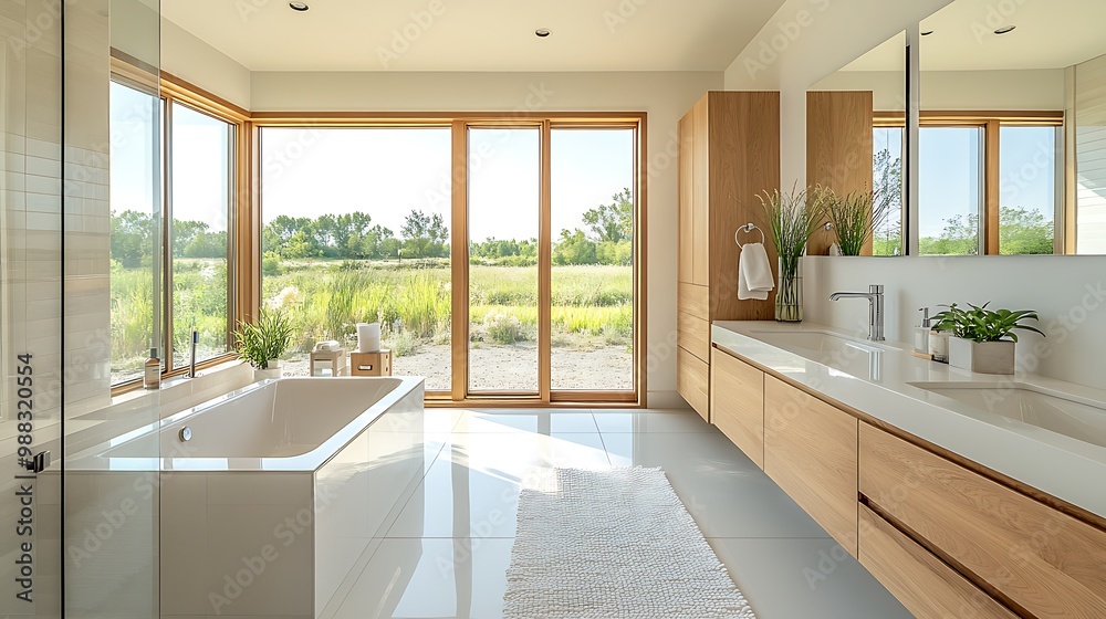 A Scandinavian bathroom with floor-to-ceiling windows allowing natural light to flood the space. The design features sleek white walls, a wooden vanity, and minimalist fixtures, creating a calm, A Scandinavian bathroom with floor-to-ceiling windows allowing natural light to flood the space. The design features sleek white walls, a wooden vanity, and minimalist fixtures, creating a calm,