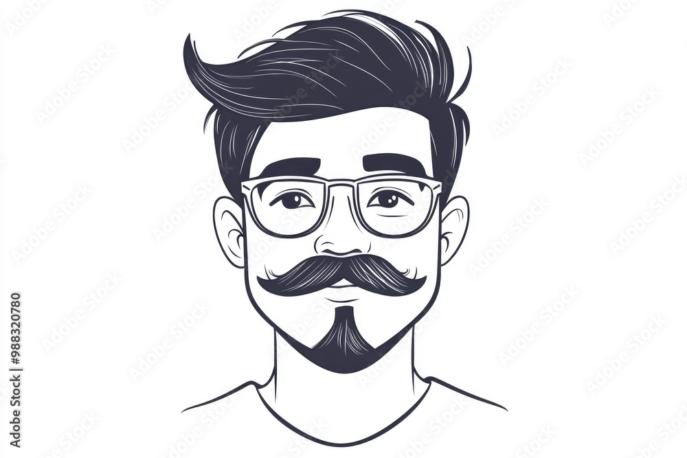 Line art drawing of a cartoon hipster male character featuring a mustache and glasses Line art drawing of a cartoon hipster male character featuring a mustache and glasses