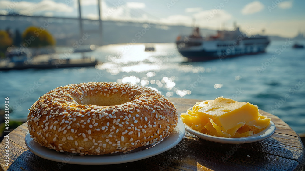 Naklejka premium Bagel breakfast on the beach with a boat in the background