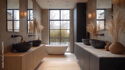 A Scandinavian bathroom with matte black fixtures, a marble countertop, and soft natural lighting. The minimalist design and subtle wood accents create a balanced,