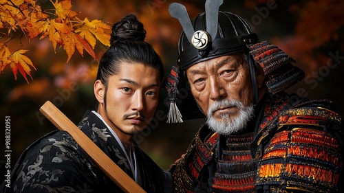 Portrait of two samurai, embodying tradition, honor, and strength against a backdrop of autumn leaves.