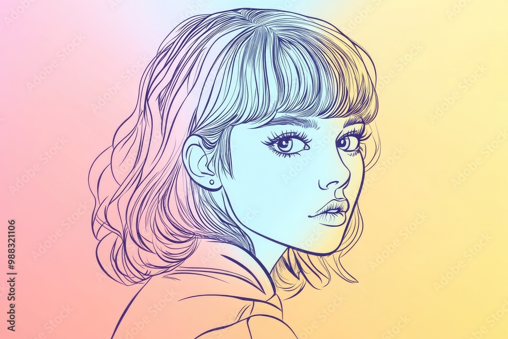 Line art illustration featuring a cold gradient drawing of an adorable cartoon girl with a trendy haircut Line art illustration featuring a cold gradient drawing of an adorable cartoon girl with a trendy haircut