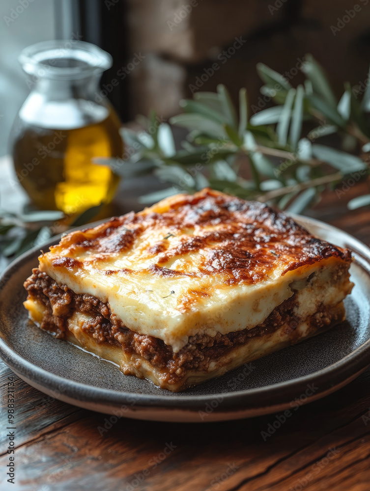 Plate of baked lasagna with olive oil and herbs in the background Plate of baked lasagna with olive oil and herbs in the background