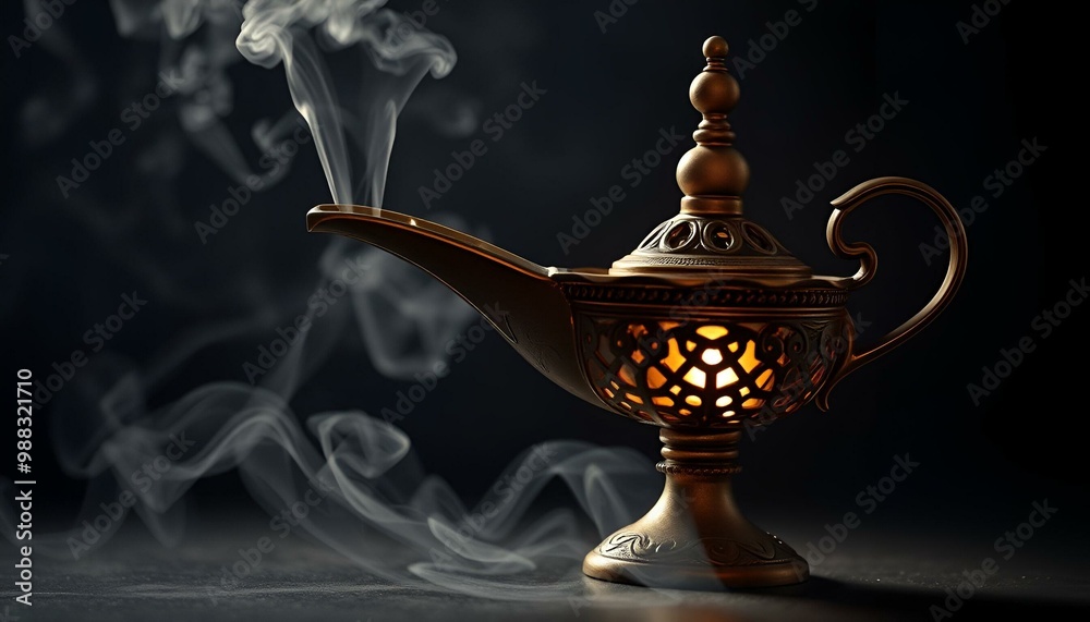 Lamp of wishes concept. Antique Aladdin arabian nights genie style oil lamp with soft light white smoke, Dark background. Lamp of wishes concept. Antique Aladdin arabian nights genie style oil lamp with soft light white smoke, Dark background.