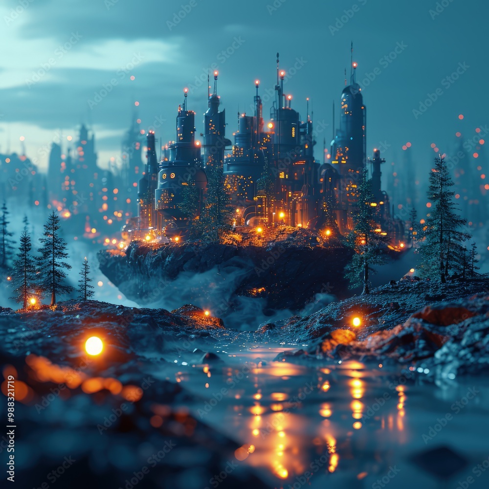 Fototapeta premium Surreal Sci-Fi Illustration of an Industrial World Enclosed in a Cup