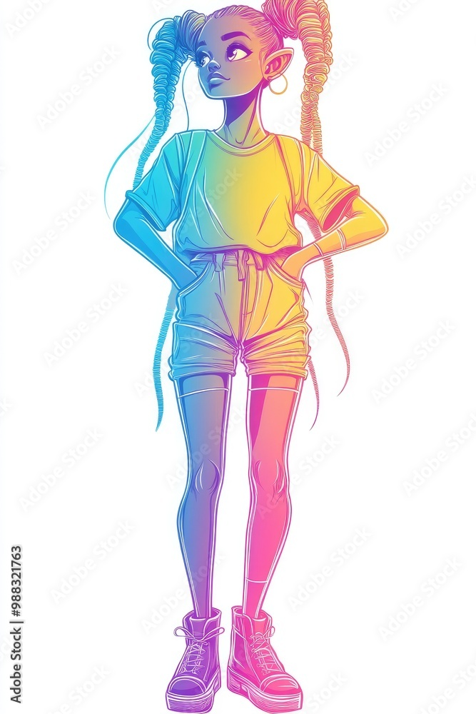 Cute alien girl illustrated in a cold gradient line art style featuring a whimsical cartoon design Cute alien girl illustrated in a cold gradient line art style featuring a whimsical cartoon design