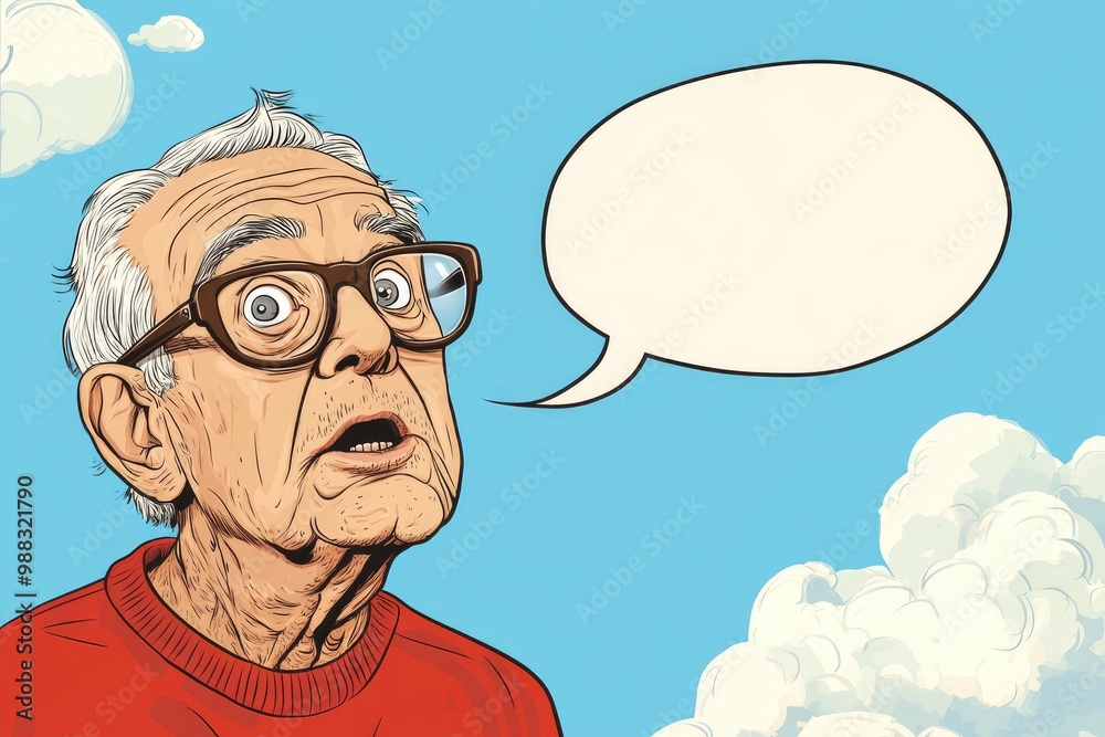 Cartoon illustration of a frustrated elderly man featuring a speech bubble Cartoon illustration of a frustrated elderly man featuring a speech bubble