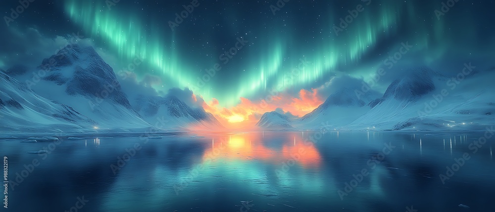 Northern Lights reflecting on a calm frozen lake with snow capped mountains in the distance. Northern Lights reflecting on a calm frozen lake with snow capped mountains in the distance.