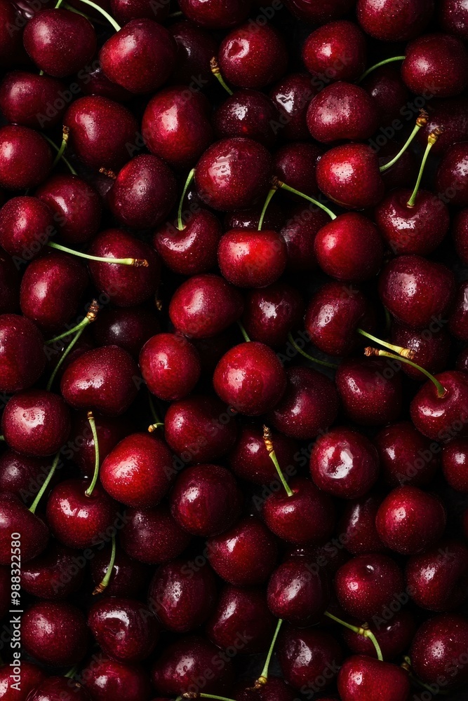 Fresh Juicy Red Cherries Background - Close-Up of Ripe and Glossy Cherries with Water Droplets Fresh Juicy Red Cherries Background - Close-Up of Ripe and Glossy Cherries with Water Droplets