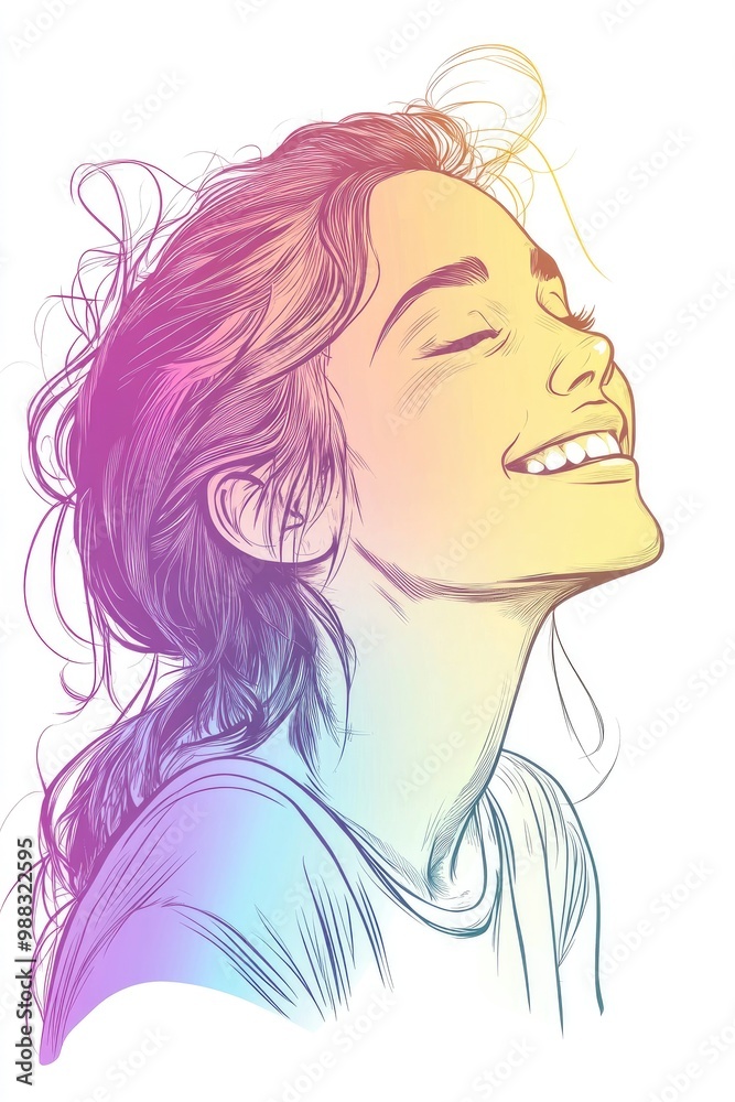 Line art illustration featuring a cold gradient drawing of a cartoon woman with a joyful expression Line art illustration featuring a cold gradient drawing of a cartoon woman with a joyful expression