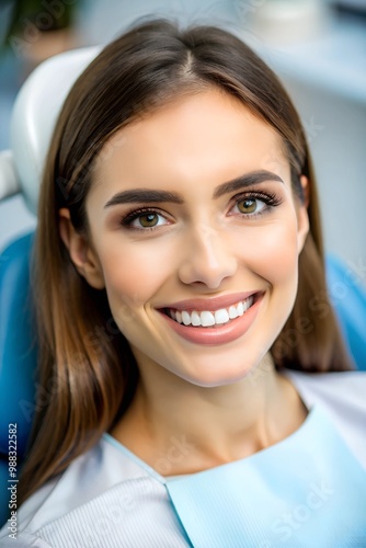 Teeth whitening dental clinic. Closeup of a young woman with beautiful smile at the dentist.