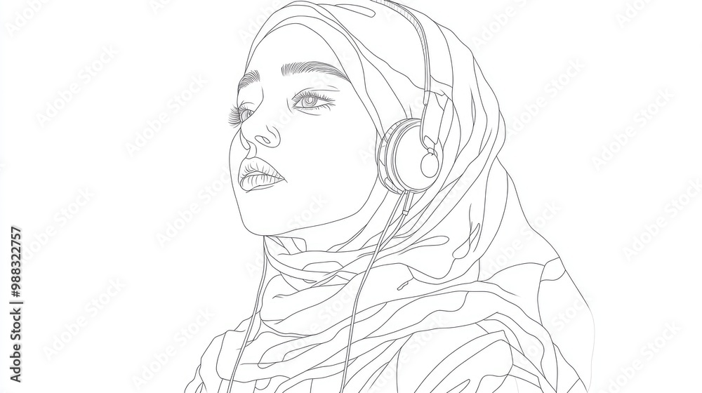 Single continuous line drawing of a young Muslim woman wearing earphones depicted in a flat doodle style on a white background Single continuous line drawing of a young Muslim woman wearing earphones depicted in a flat doodle style on a white background
