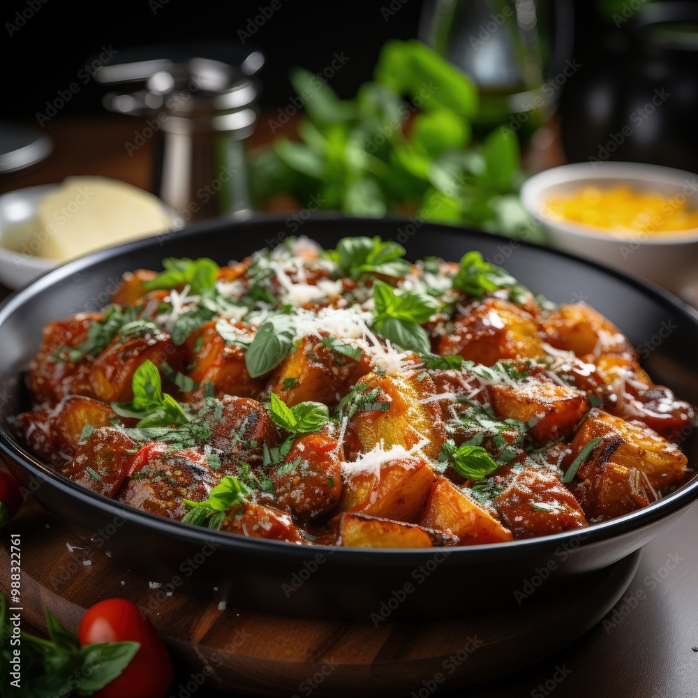 Delicious Gnocchi al Pomodoro with Fresh Basil and Tomato Sauce in a 45-Degree View Delicious Gnocchi al Pomodoro with Fresh Basil and Tomato Sauce in a 45-Degree View