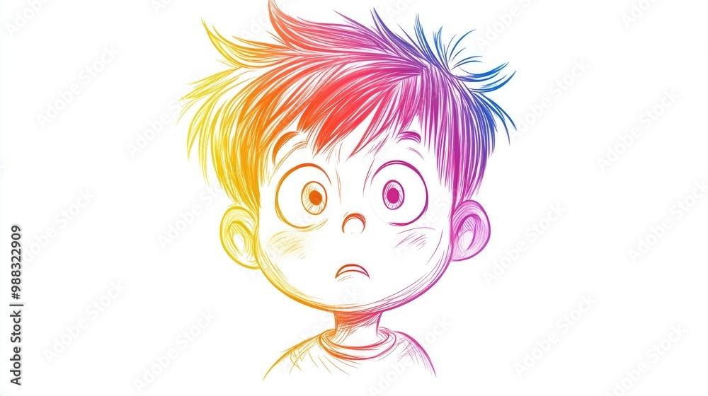 Line art illustration featuring a rainbow gradient drawing of a curious cartoon boy Line art illustration featuring a rainbow gradient drawing of a curious cartoon boy