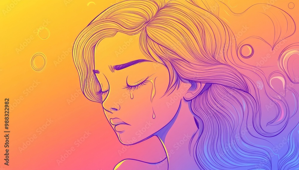 Line art illustration featuring a cold gradient design of a cartoon girl in tears Line art illustration featuring a cold gradient design of a cartoon girl in tears