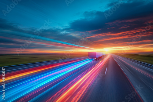 Powerful truck driving at dawn on an empty highway with green fields and a golden sky