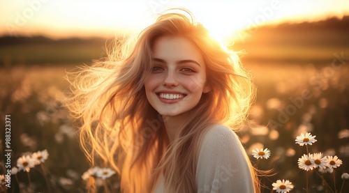 Smiling Young Woman with Long Blonde Hair in Field of Daisies at Sunset