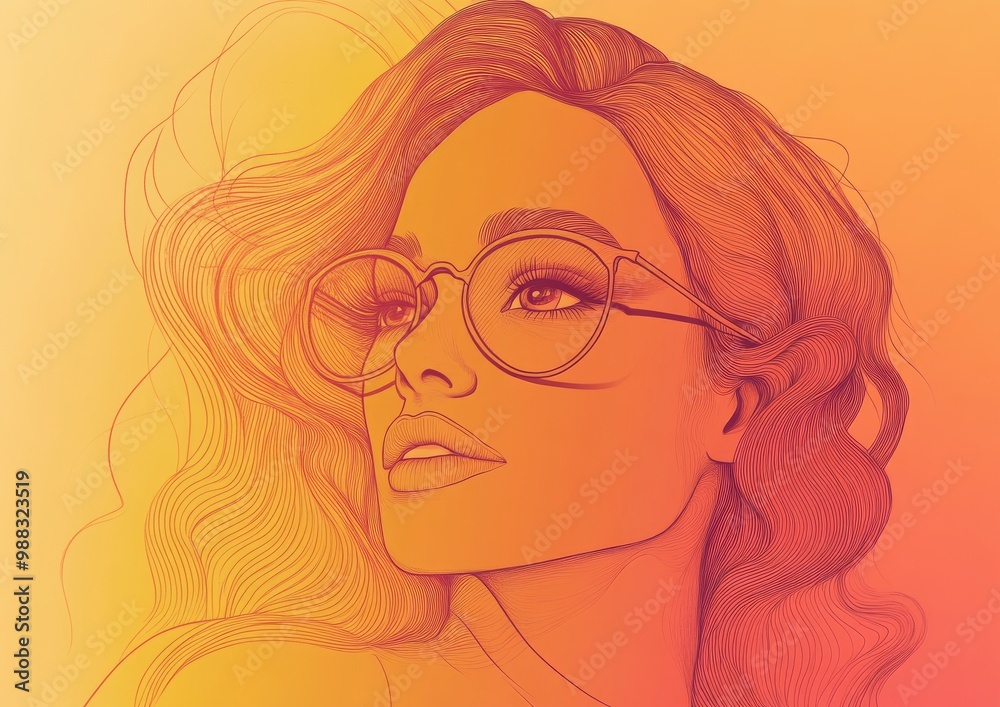 Line art illustration featuring a warm gradient depiction of a cartoon woman with glasses Line art illustration featuring a warm gradient depiction of a cartoon woman with glasses