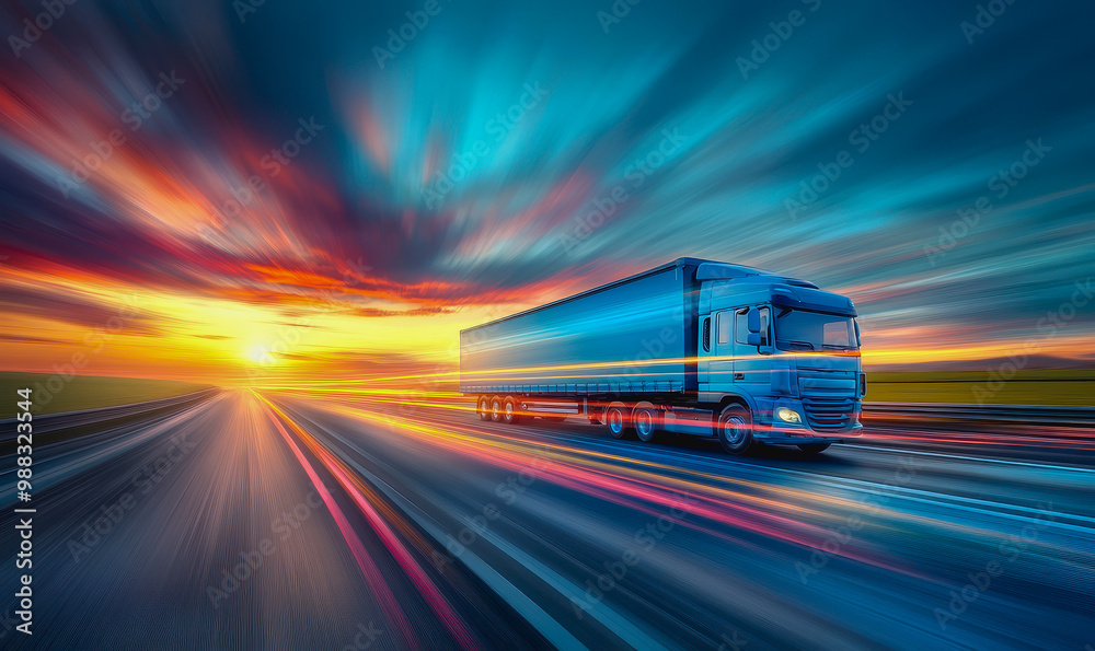 Powerful truck driving at dawn on an empty highway with green fields and a golden sky Powerful truck driving at dawn on an empty highway with green fields and a golden sky