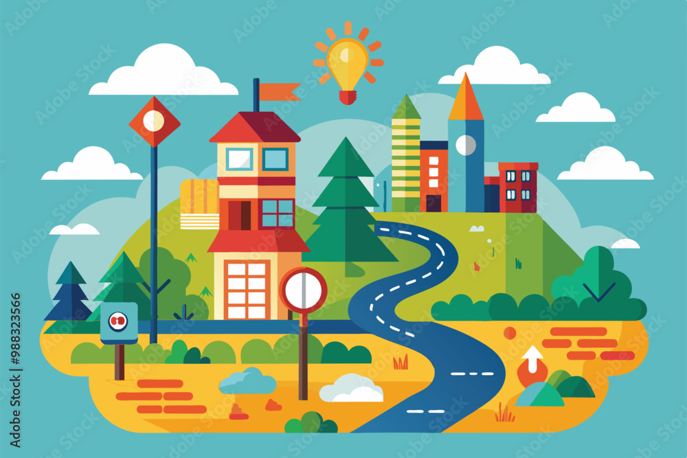 A vibrant illustration features a winding road flanked by trees and colorful buildings, capturing the essence of a picturesque and inviting town landscape. A vibrant illustration features a winding road flanked by trees and colorful buildings, capturing the essence of a picturesque and inviting town landscape.