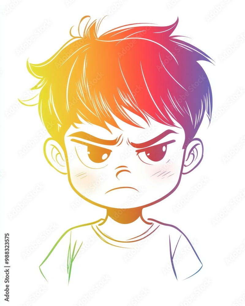 Line art illustration of a cartoon boy with an annoyed expression featuring a rainbow gradient design Line art illustration of a cartoon boy with an annoyed expression featuring a rainbow gradient design