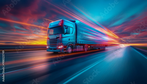 Powerful truck driving at dawn on an empty highway with green fields and a golden sky