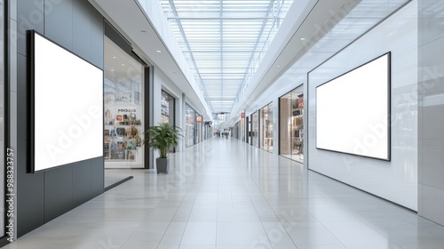 Modern Shopping Mall Interior with Blank Billboards and Bright Lighting