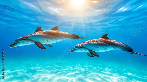 A playful group of Atlantic spotted dolphins swimming close to the surface, their distinctive spots shimmering in the sunlight. photo