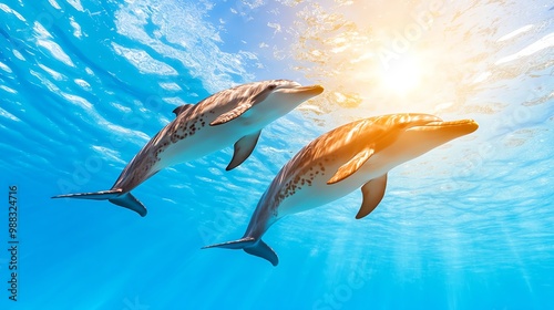 A playful group of Atlantic spotted dolphins swimming close to the surface, their distinctive spots shimmering in the sunlight. photo