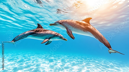 A playful group of Atlantic spotted dolphins swimming close to the surface, their distinctive spots shimmering in the sunlight. photo