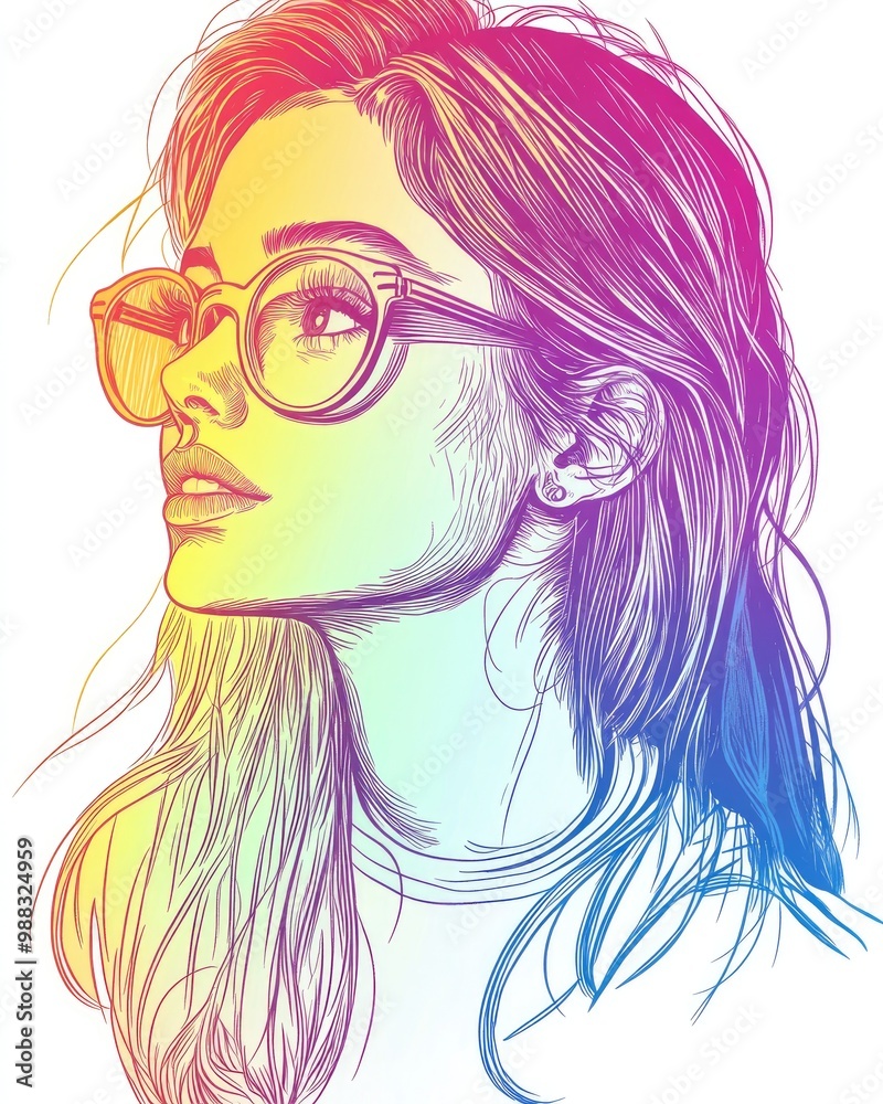 Line art illustration featuring a rainbow gradient drawing of a stylish cartoon girl with a hipster vibe Line art illustration featuring a rainbow gradient drawing of a stylish cartoon girl with a hipster vibe