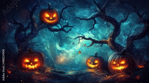 Spooky Halloween Night with Glowing Jack-o'-Lanterns and Twisted Trees Under a Moonlit Sky