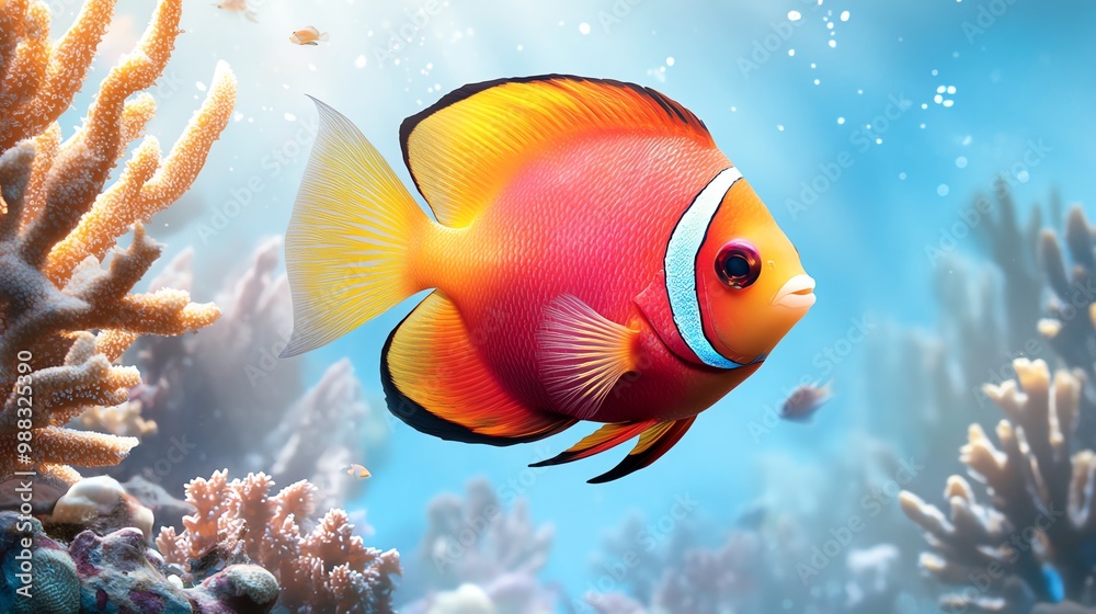 Obraz premium An angelfish swimming gracefully through a maze of coral and marine life, its vibrant colors standing out against the intricate reef.